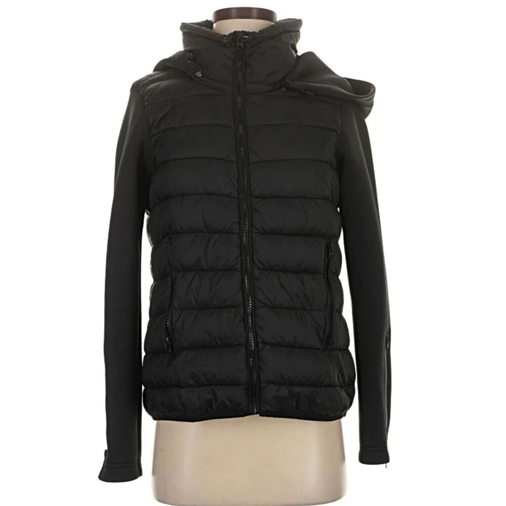 ZARA Hooded Full Zip Puffer Jacket Black Small